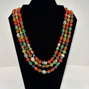 VTGWestern Germany Triple Strand Bead Necklace Box Clasp  Multicolored11.5” Drop